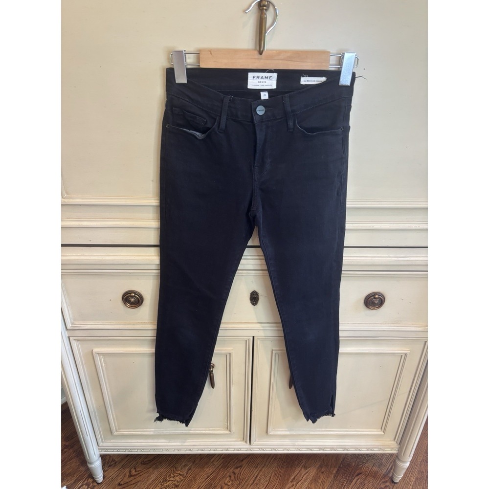 Frame Black Skinny De Jeanne Frayed Raw Hem Ankle Size 25 Cotton High Rise